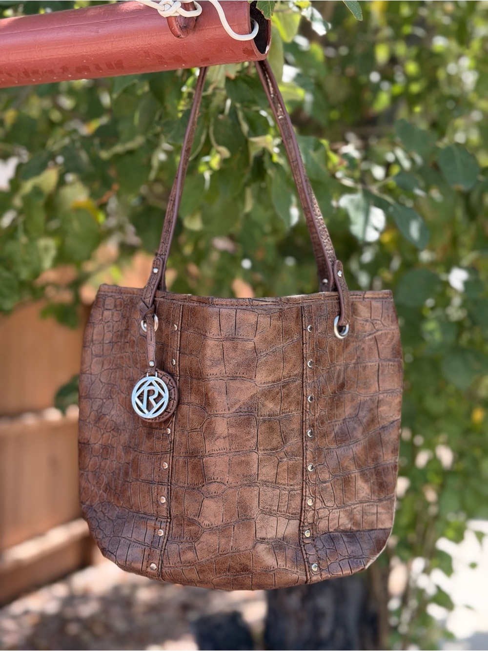 Relic Brown Croc-Embossed Tote with Silver Charm